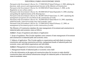 Circular No. 19/2009/TT-BXD of June 30, 2009, stipulating the management of investment and construction in industrial parks and economic zones