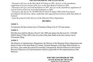 Decision No. 1539/QD-NHNN of June 30, 2009, on the base interest rate in Vietnamese Dong