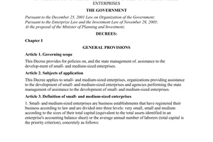 Decree No. 56/2009/ND-CP of June 30, 2009, on assistance to the development of small- and medium-sized enterprises