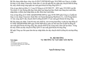 Công văn 50/BXD-VLXD xác nhận máy chính, dây chuyền thiết bị đồng bộ sản xuất gạch block bê tông rỗng QT6-15