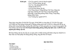 Công văn 4593/BGTVT-CYT kế hoạch hành động phòng chống đại dịch cúm A H1N1