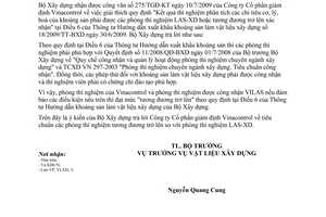 Công văn 58/BXD-VLXD trả lời Công ty cổ phần giám định Vinacontrol tiêu chuẩn LAS-XD trong TT Hướng dẫn xuất khẩu khoáng sản làm vật liệu xây dựng