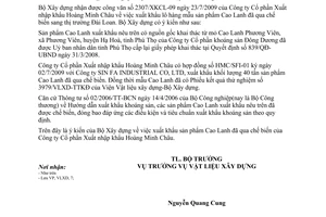 Công văn 65/BXD-VLXD xuất khẩu sản phẩm Cao Lanh đã qua chế biến của Công ty Cổ phần Xuất nhập khẩu Hoàng Minh Châu