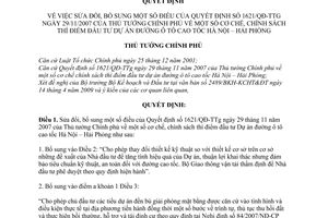 Quyết định 938/QĐ-TTg sửa đổi 1621/QĐ-TTg cơ chế, chính sách thí điểm đầu tư dự án đường ô tô cao tốc Hà Nội-Hải Phòng