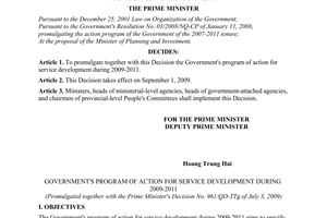 Decision No. 961/QD-TTg of July 3, 2009, promulgating the Government's Program of action for service development during 2009-2011