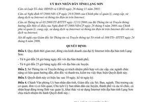 Quyết định 08/2009/QĐ- UBND thời gian mở đóng cửa đại lý Internet Lạng Sơn