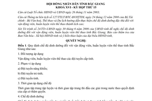 Nghị quyết 04/2009/NQ-HĐND chế độ dinh dưỡng vận động viên huấn luyện viên Bắc Giang