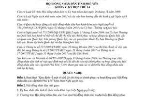 Nghị quyết 133/2009/NQ-HĐND chi tiêu tài chính phục vụ hoạt động HĐND Phú Yên