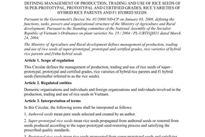 Circular No. 42/2009/TT-BNNPTNT production trading and use of rice seeds of super-prototypal prototypal