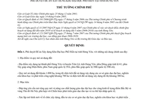 Quyết định 999/QĐ-TTg phê duyệt đề án xây dựng Khu Đại học Phố Hiến tỉnh Hưng Yên