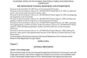 Circular No. 08/2009/TT-BTNMT of Junly 15, 2009, providing for the environmental management and protection of economic zones, hi-tech parks, industrial parks and industrial complexes