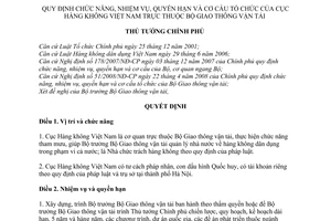 Quyết định 94/2009/QĐ-TTg chức năng, nhiệm vụ, quyền hạn cơ cấu tổ chức Cục Hàng không Việt Nam thuộc Bộ Giao thông vận tải