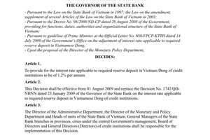 Decision No. 1681/QD-NHNN of July 17, 2009, on the interest rate applicable to required reserve deposit in Vietnam Dong of credit institutions