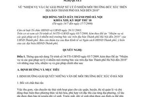 Nghị quyết 03/2009/NQ-HĐNĐ nhiệm vụ và các giải pháp xử lý ô nhiễm môi trường bức xúc trên địa bàn Thành phố Hà Nội đến 2010