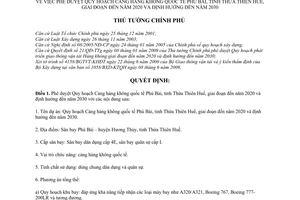 Quyết định 1029/QĐ-TTg phê duyệt quy hoạch Cảng hàng không quốc tế Phú Bà Thừa Thiên Huế, giai đoạn đến năm 2020 định hướng 2030