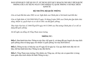 Thông tư 35/2009/TT-BQP quản lý sử dụng đất quy hoạch cho mục đích quốc phòng