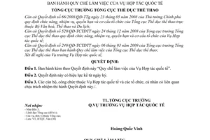 Quyết định 998/QĐ-TCTDTT quy chế làm việc Vụ Hợp tác quốc tế