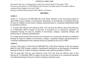 Decision No. 96/2009/QD-TTg on amendment of a number of articles of Decisions