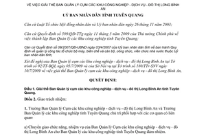 Quyết định 240/QĐ-UBND 2009 giải thể Ban Quản lý khu công nghiệp Long Bình An Tuyên Quang