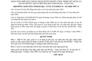 Nghị quyết 08/2009/NQ-HĐND thu nộp lệ phí cấp chứng nhận sở hữu công trình xây dựng Bà Rịa Vũng Tàu