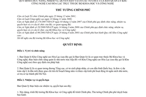 Quyết định 98/2009/QĐ-TTg chức năng, nhiệm vụ, quyền hạn cơ cấu tổ chức Ban quản lý Khu công nghệ cao Hòa Lạc thuộc Bộ Khoa học Công nghệ