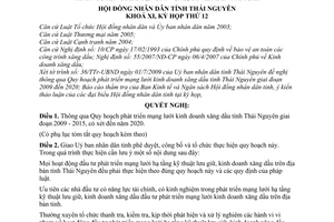 Nghị quyết 10/2009/NQ-HĐND Quy hoạch phát triển mạng lưới kinh doanh xăng dầu tỉnh Thái Nguyên giai đoạn 2009 - 2015, có xét đến năm 2020
