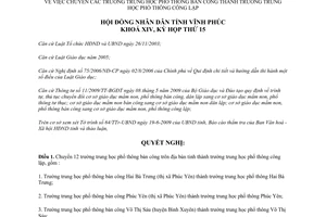 Nghị quyết 06/2009/NQ-HĐND chuyển trường THPT bán công thành công lập Vĩnh Phúc