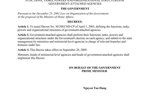 Decree no. 63/2009/ND-CP of July 29, 2009, annulling Decree No. 30/2003/ND-CP of April 1, 2003, defining the functions, tasks, powers and organizational structures of government-attached agencies