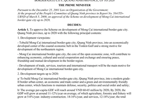 Decision No. 99/2009/QD-TTg of July 29, 2009, approving the scheme on development of Mong Cai international border-gate city, Quang Ninh province, up to 2020