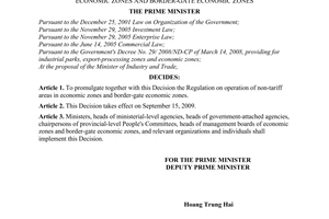 Decision No. 100/2009/QD-TTg of July 30, 2009, promulgating the regulation on operation of non-tariff areas in economic zones and border-gate economic zones