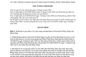 Quyết định 1165/QĐ-TTg thành lập Ban Quản lý Khu kinh tế Đồng Tháp, tỉnh Đồng Tháp