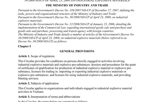 Circular No. 23/2009/TT-BCT of August 11, 2009, detailing a number of articles of The Government's Decree No. 39/2009/ND-CP of April 23, 2009, on industrial explosive materials