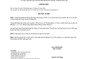 Nghị quyết 33/NQ-CP thành lập thành phố Đông Hà thuộc tỉnh Quảng Trị