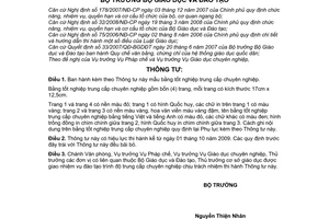 Thông tư 20/2009/TT-BGDĐT mẫu bằng tốt nghiệp trung cấp chuyên nghiệp