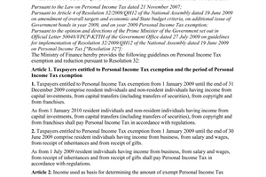 Circular No. 160/2009/TT-BTC of August 12, 2009, guiding year 2009 personal income tax exemption pursuant to Resolution 32/2009/QH12 of the National Assembly dated 19 June 2009