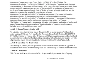 Circular No. 162/2009/TT-BTC of August 12, 2009, on amendment of preferential rates of import duty for milk in the preferential import duty tariff