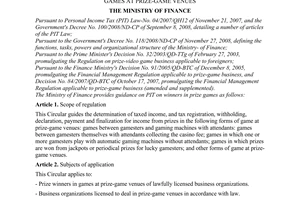 Circular No. 164/2009/TT-BTC of August 13, 2009, providing guidance on personal income tax on prize winners in games at prize-game venues