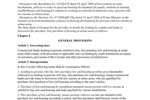 Circular No. 18/2009/TT-NHNN of August 14, 2009, providing in details for lending by commercial banks to borrowers for purchase, hire purchase of low end housing at urban areas