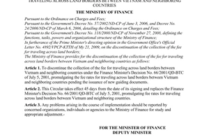 Circular No. 165/2009/TT-BTC of August 17, 2009, providing for the discontinuation of the collection of the fee for traveling across land borders between Vietnam and neighboring countries