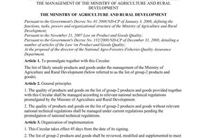 Circular No. 50/2009/TT-BNNPTNT of August 18, 2009, promulgating the list of likely unsafe products and goods under the management of the Ministry of Agriculture and Rural Development