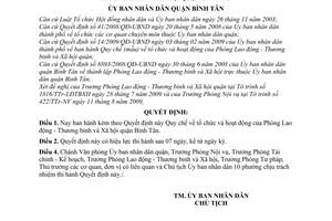 Quyết định 12/2009/QĐ-UBND Quy chế tổ chức hoạt động Phòng Lao động-Thương binh Xã hội quận Bình Tân