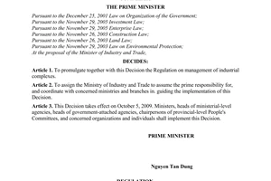 Decision No. 105/2009/QD-TTg of August 19, 2009, promulgating the regulation on management of industrial complexes