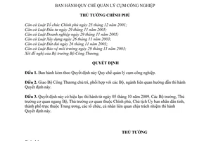 Quyết định 105/2009/QĐ-TTg quy chế quản lý cụm công nghiệp