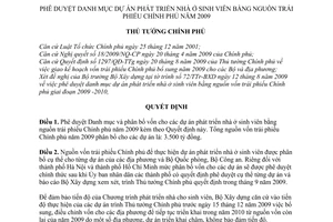 Quyết định 1308/QĐ-TTg phê duyệt Danh mục phân bổ vốn dự án phát triển nhà ở sinh viên nguồn trái phiếu Chính phủ năm 2009