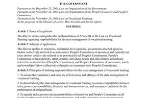 Decree No. 70/2009/ND-CP of August 21, 2009, defining responsibilities for state management of vocational training