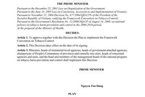 Decision No. 1315/QD-TTg of August 21, 2009, approving the plan to implement the framework convention on tobacco control