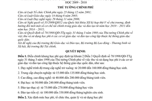 Quyết định 1310/QĐ-TTg điều chỉnh khung học phí cơ sở giáo dục nghề nghiệp đại học công lập hệ thống giáo dục quốc dân năm học 2009-2010