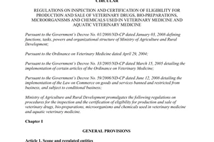 Circular 51/2009/TT-BNNPTNT inspection certification eligibility production sale veterinary drugs bio preparations