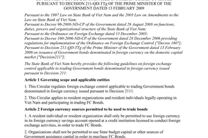 Circular No. 19/2009/TT-NHNN of August 24, 2009, guiding foreign exchange control applicable to trading Government bonds denominated in foreign currency issued pursuant to decision 211-QD-TTg of the Prime Minister of the Government Dated 13 February 2009