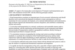 Decision No. 1327/QD-TTg of August 24, 2009, approving the master plan on development of Vietnam's road transportation up to 2020, with orientations toward 2030